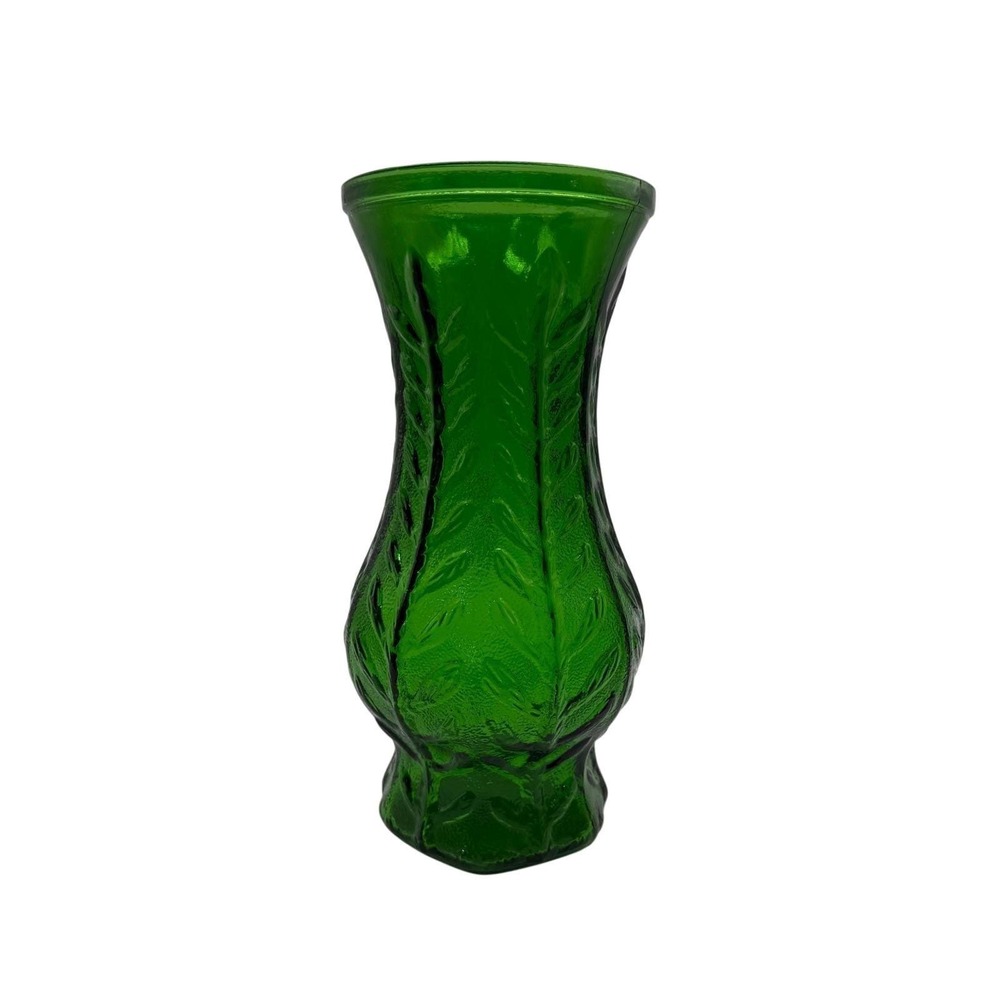 FTD 10" 1980 Green Glass Vase Leaf Pattern Embossed Emerald Green Floral Decor